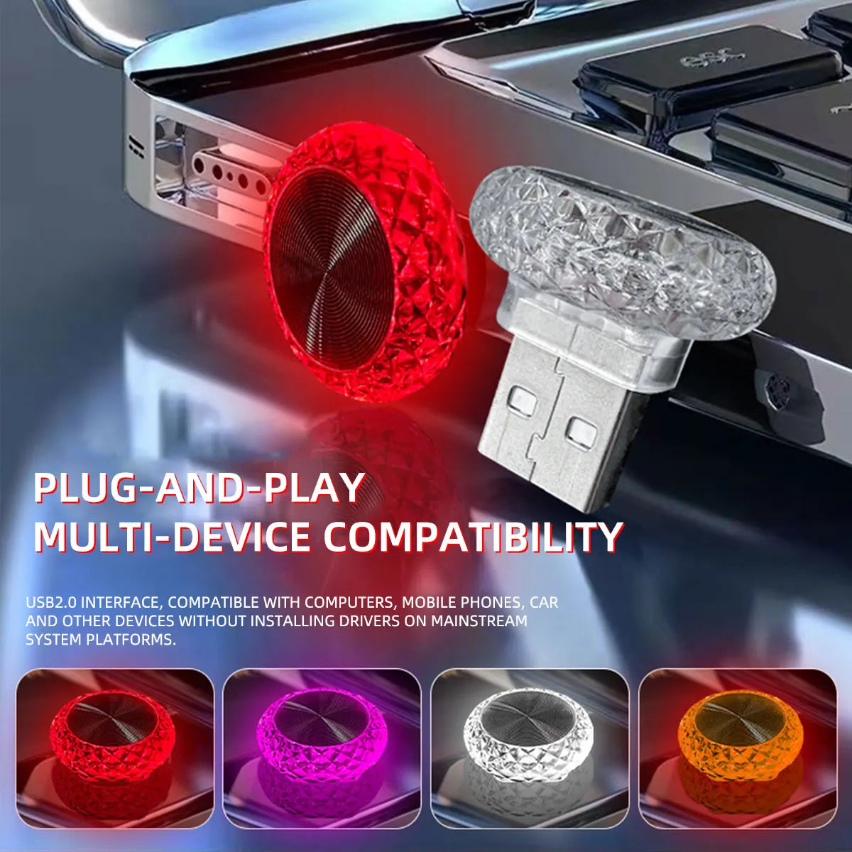1x RGB Car USB Ambient Light Mini LED Decorative Atmosphere Lamps For Auto Interior Environment Light Computer Light Plug Play
