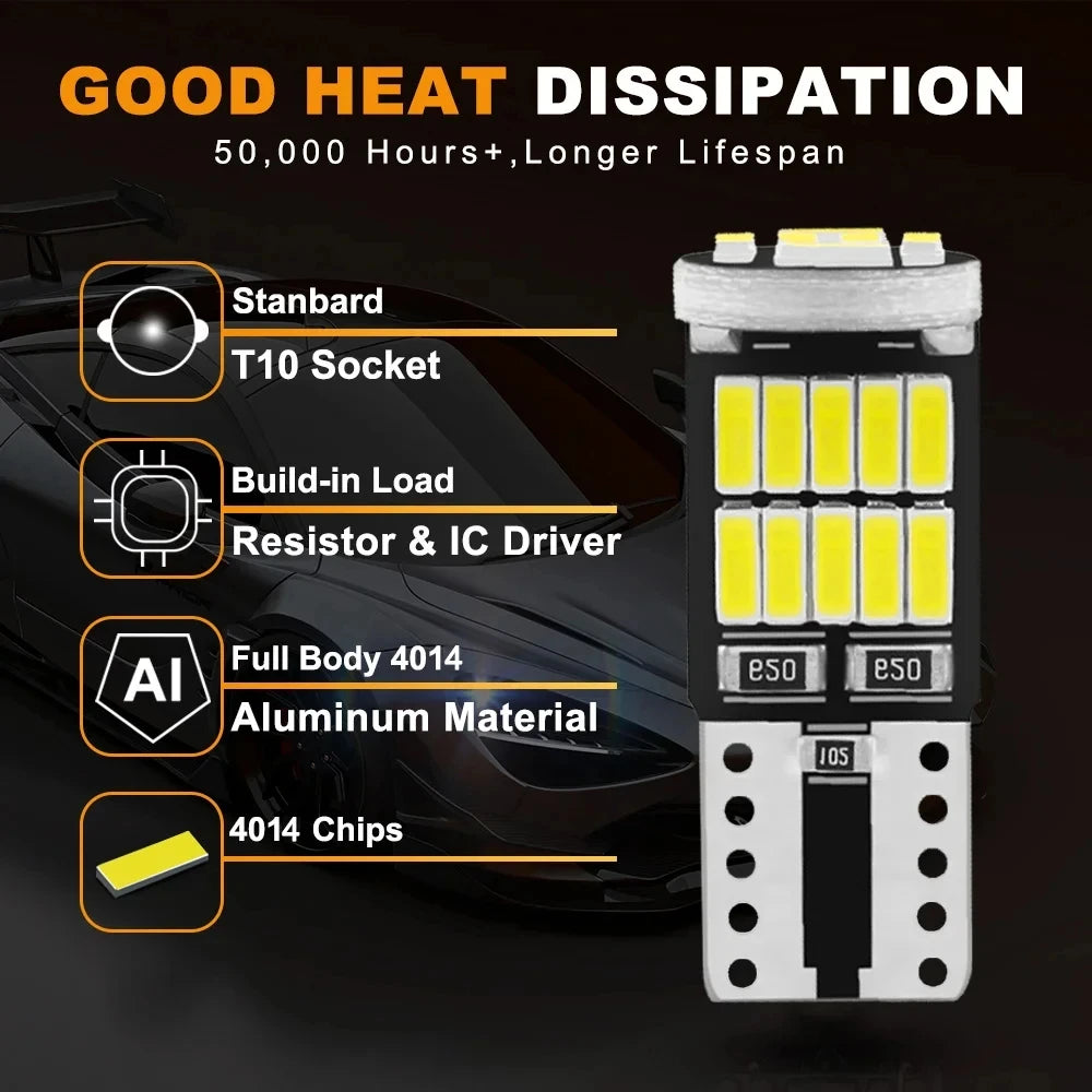 10PCS W5W T10 Led Bulbs Canbus 4014 SMD 6000K 168 194 Led 5w5 Car Interior Dome Reading License Plate Signal LightLamp