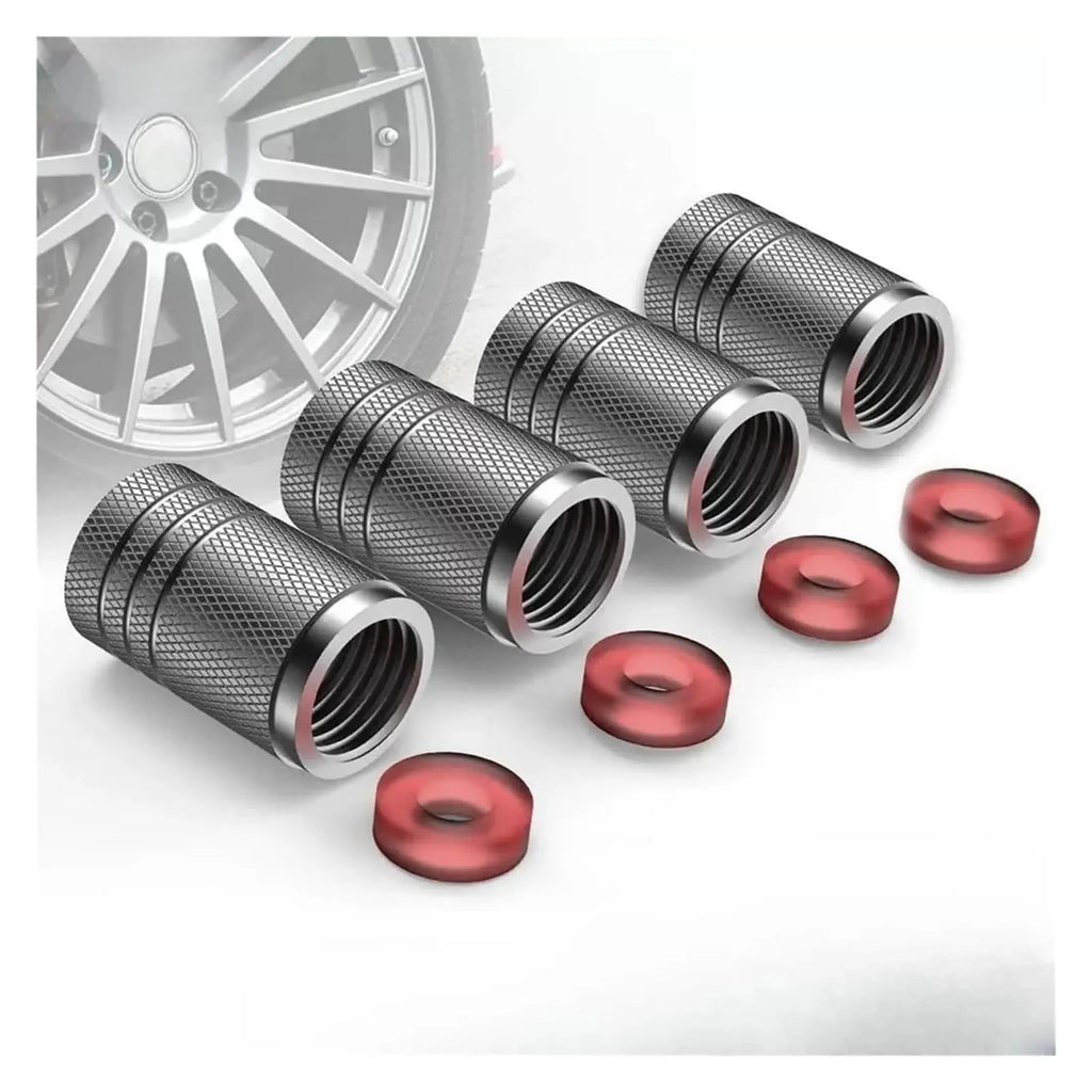 4Pcs Aluminum Tire Valve Caps with Knurling Grip, Fit US Schrader Stems, Black/Silver, Durable Air Covers for Cars