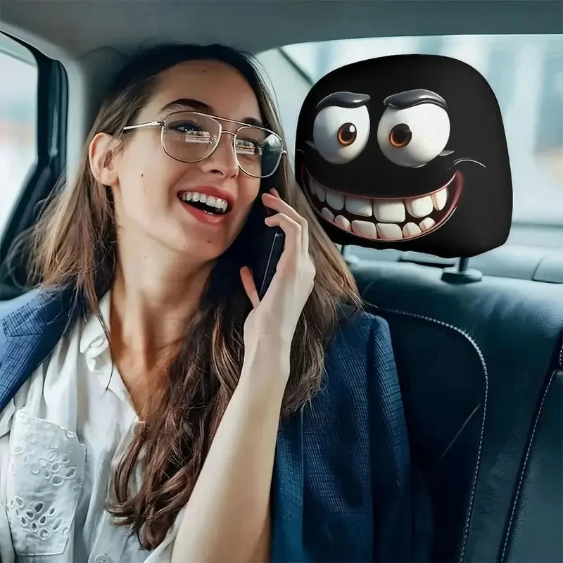 2pcs Smiley Face Printed Car Pillowcase Soft Comfortable Decorative Cushion Cover Auto Seat Headrest Washable Polyester Fabric