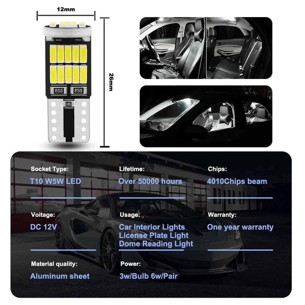 10PCS W5W T10 Led Bulbs Canbus 4014 SMD 6000K 168 194 Led 5w5 Car Interior Dome Reading License Plate Signal LightLamp