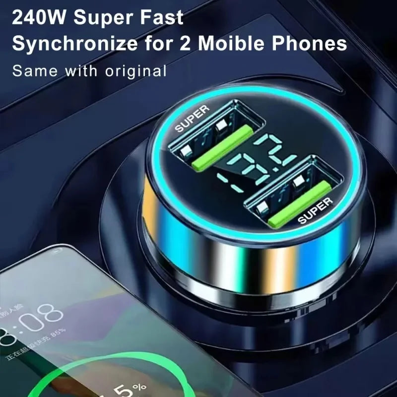 240W Car Charger Fast Charging 2 USB Ports Adapter For IPhone Samsung Xiaomi Quick Charging Chargers With Digital Display