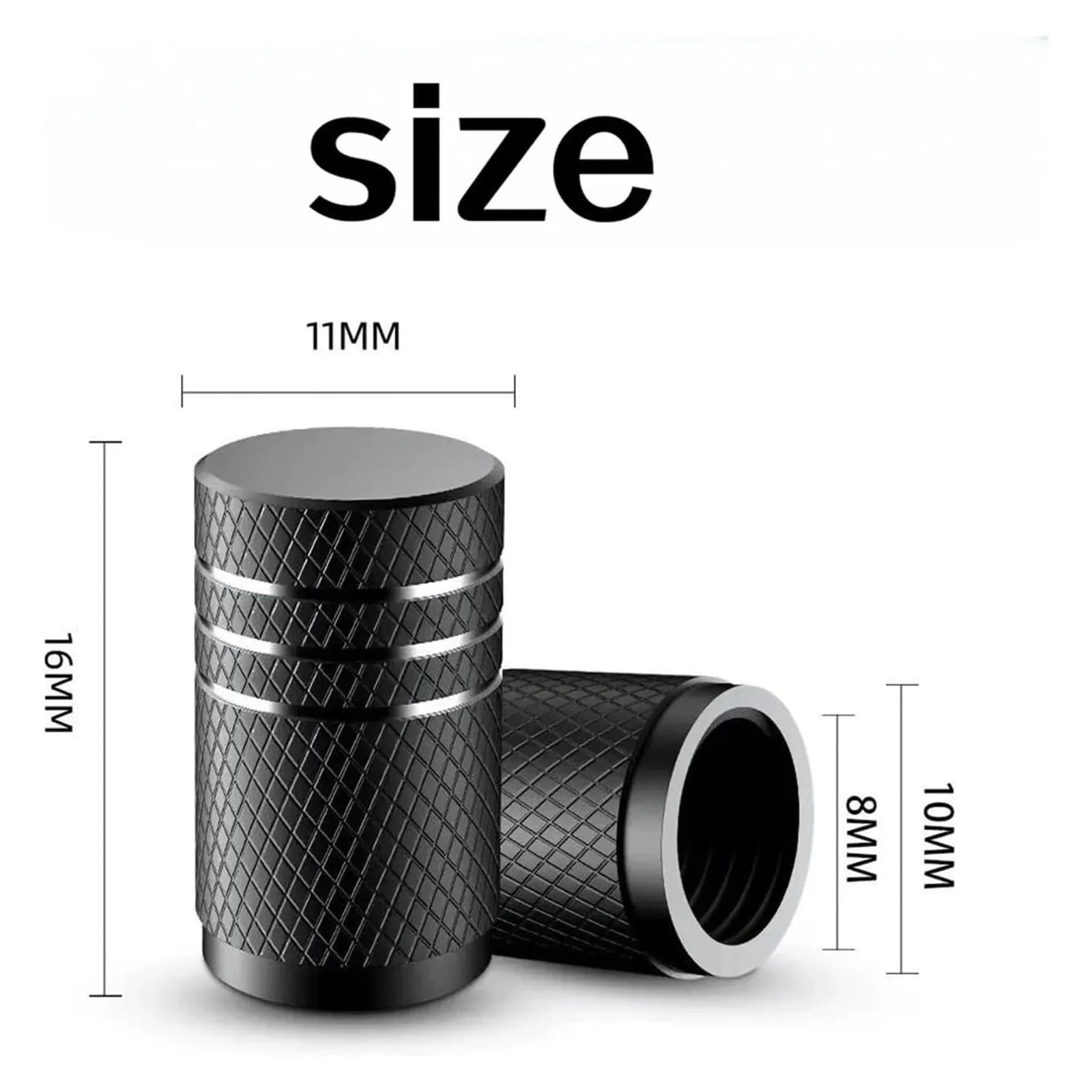 4Pcs Aluminum Tire Valve Caps with Knurling Grip, Fit US Schrader Stems, Black/Silver, Durable Air Covers for Cars