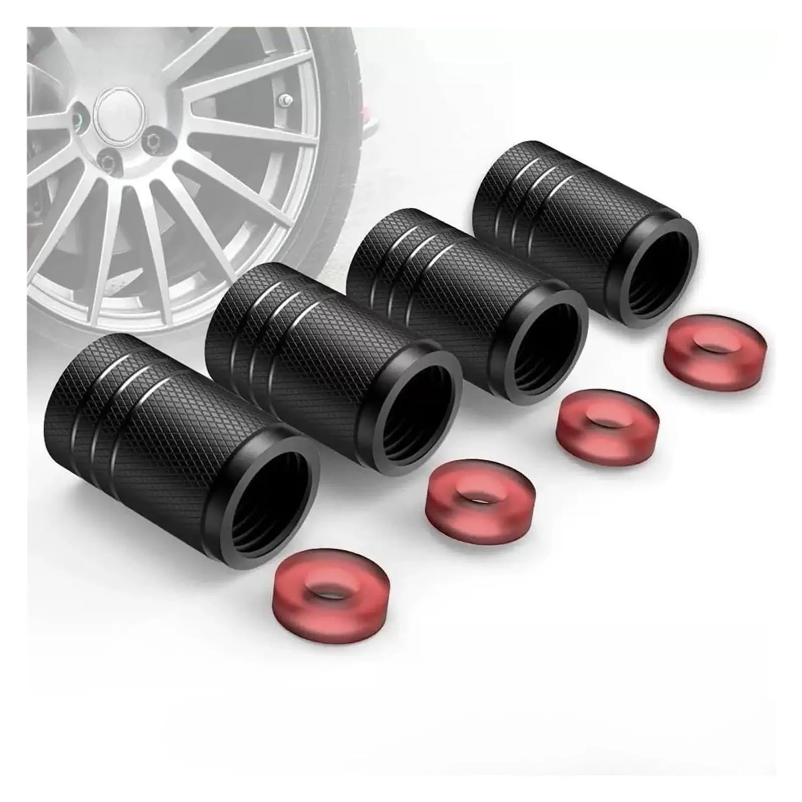 4Pcs Aluminum Tire Valve Caps with Knurling Grip, Fit US Schrader Stems, Black/Silver, Durable Air Covers for Cars